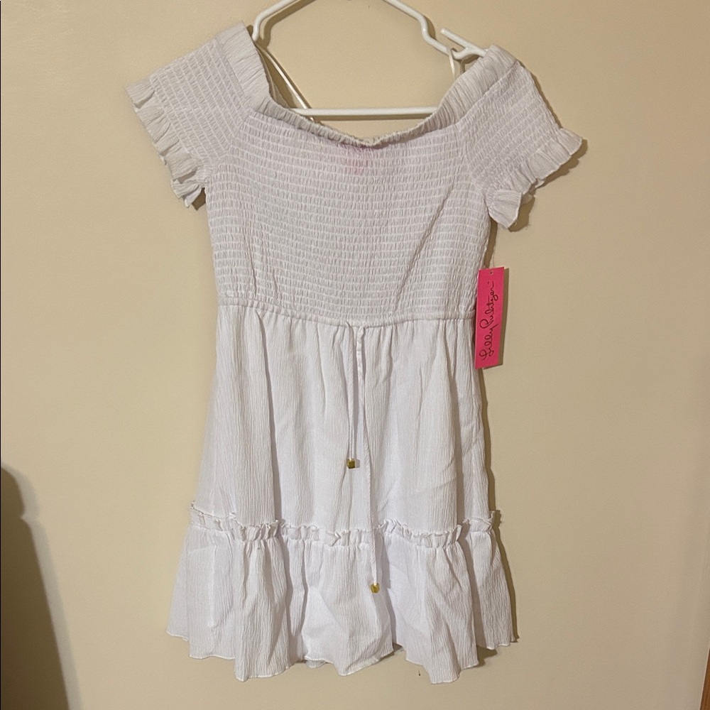 Lilly Pulitzer White Smocked Off Shoulder Ruffle Dress 2 NWT